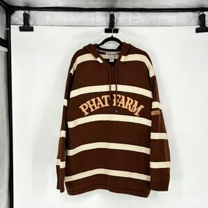 Vtg 90s Phat Farm Cream & Brown Striped Hoodie Sweater - Size XL - Streetwear